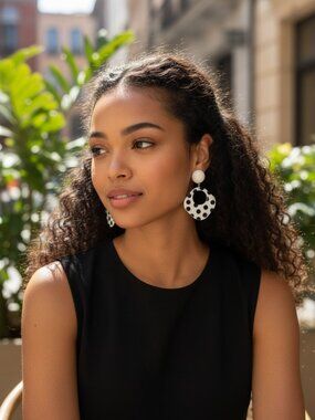 Black White Polka Dot Statement Earrings with Pouch, Acrylic Dangle Jewelry